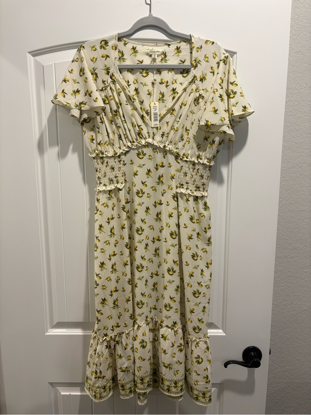 Max Studio NWT Lemon Print Midi Dress LP Large Petite Smocked Flutter Sleeve